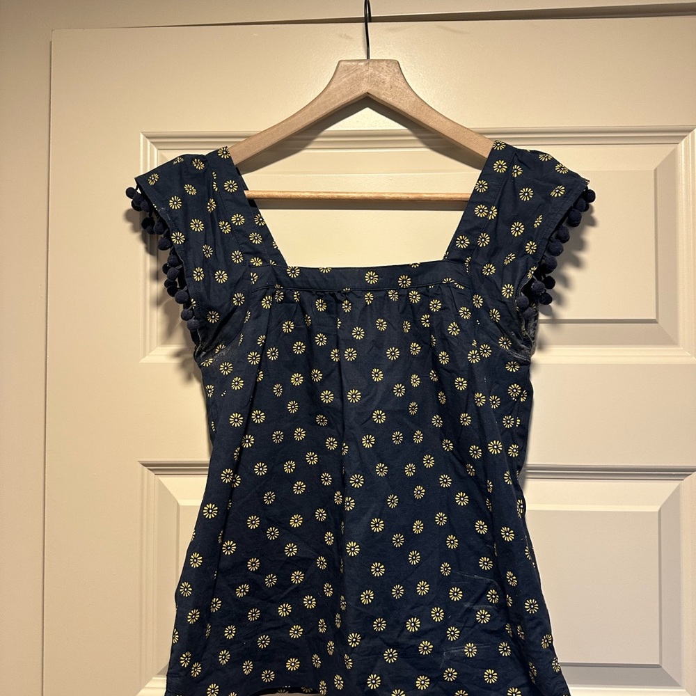 Navy Blue Floral Top with Pom Pom Sleeves